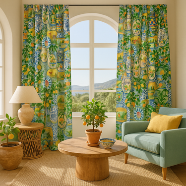 Living room with colorful patterned curtains, a green sofa, and a wooden coffee table.